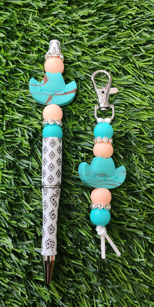 Teal Aztec Cowboy Pen and Keychain Set